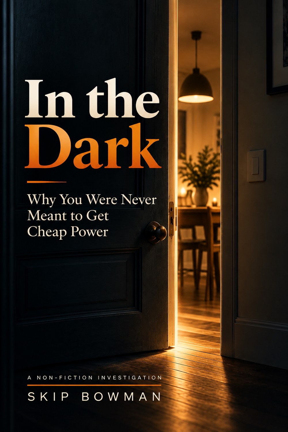 In the Dark by Skip Bowman — book cover showing a door ajar onto a warm, lamplit kitchen